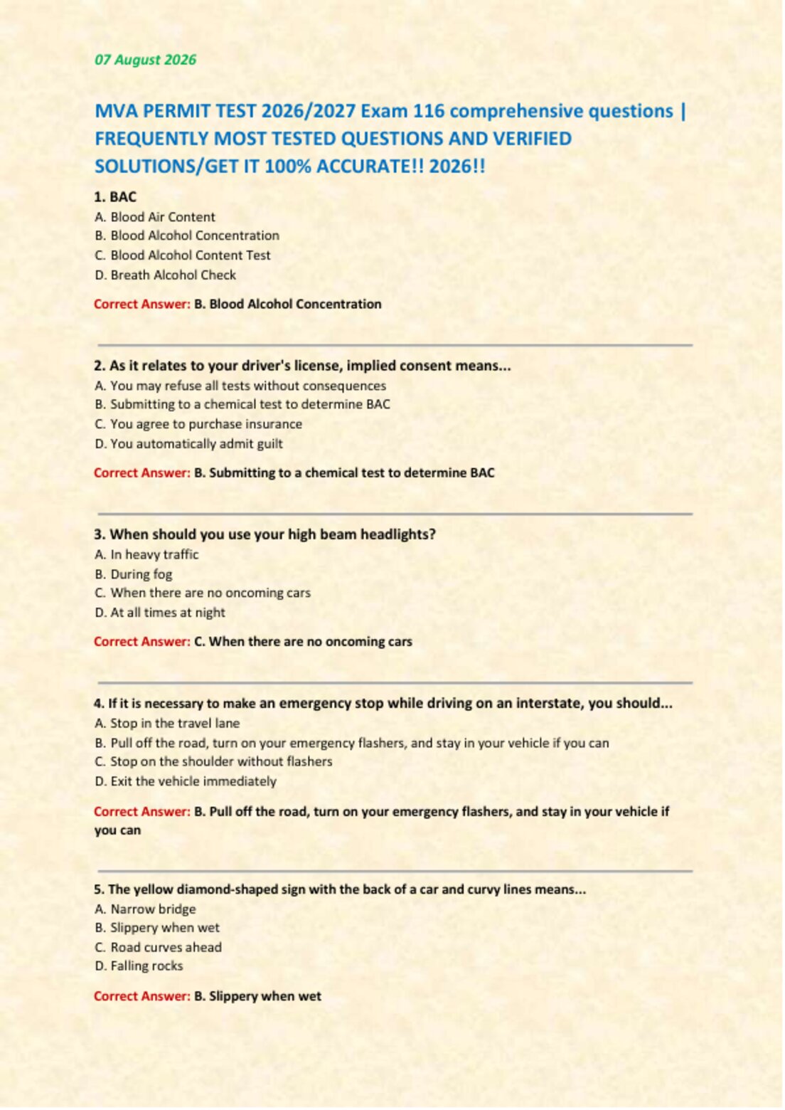 MVA PERMIT TEST 2026/2027 Exam 116 comprehensive questions |  FREQUENTLY MOST TESTED QUESTIONS AND VERIFIED  SOLUTIONS/GET IT 100% ACCURATE!! 2026!!