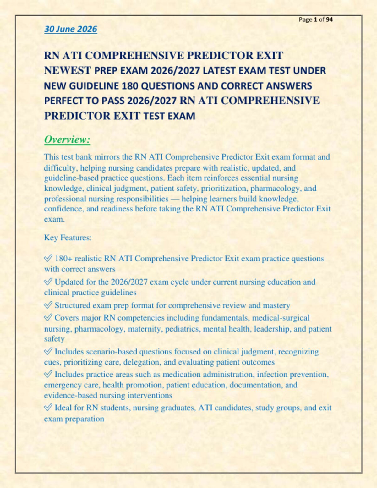 RN ATI COMPREHENSIVE PREDICTOR EXIT  NEWEST PREP EXAM 2026/2027 LATEST EXAM TEST UNDER   NEW GUIDELINE 180 QUESTIONS AND CORRECT ANSWERS   PERFECT TO PASS 2026/2027 RN ATI COMPREHENSIVE  PREDICTOR EXIT TEST EXAM
