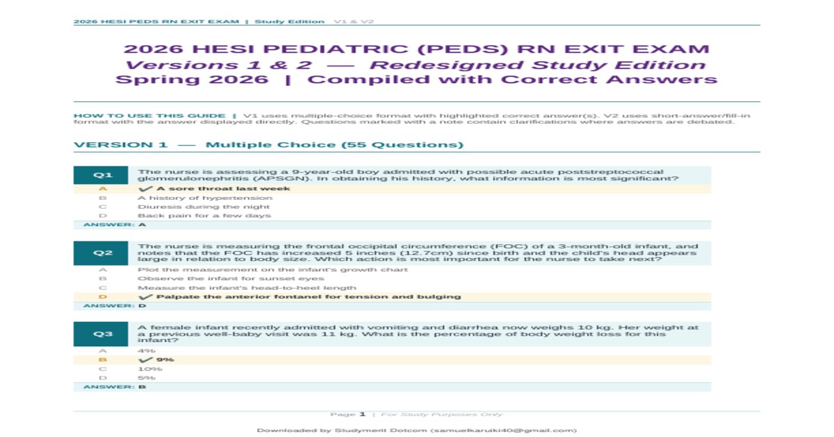 HESI RN PEDIATRICS , Questions and Answers with Rationale, Study Guide