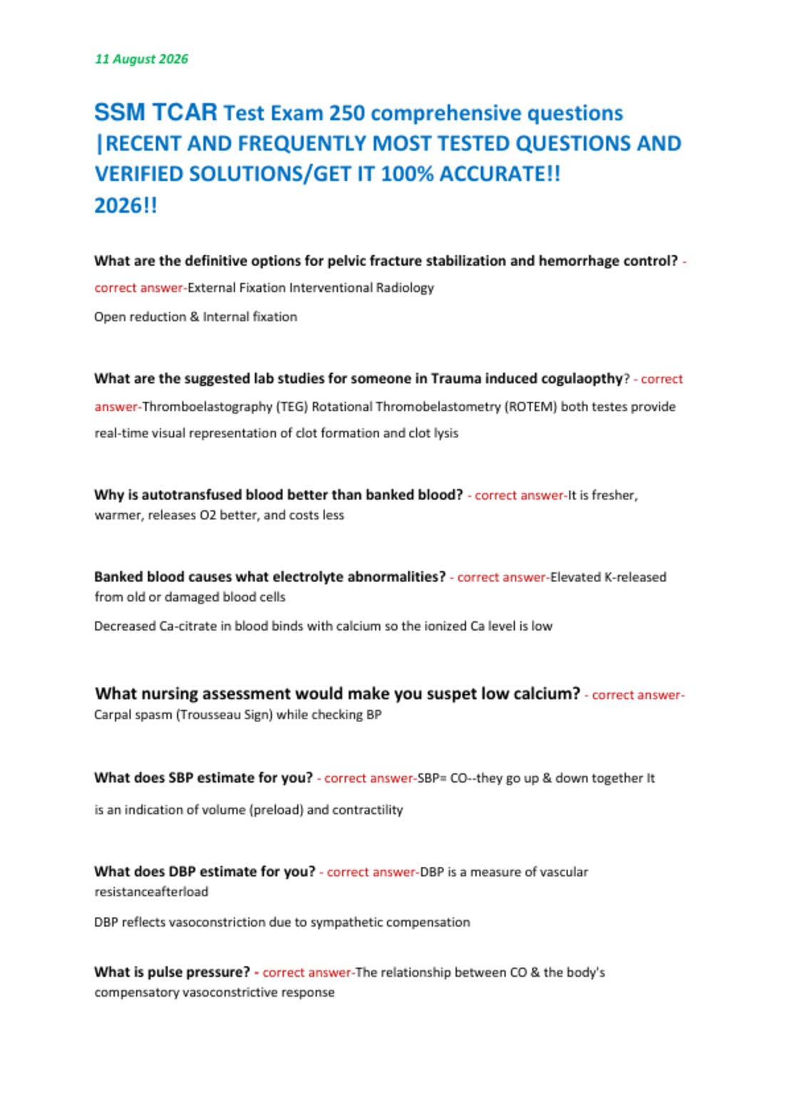 SSM TCAR Test Exam 250 comprehensive questions   |RECENT AND FREQUENTLY MOST TESTED QUESTIONS AND  VERIFIED SOLUTIONS/GET IT 100% ACCURATE!!   2026!!