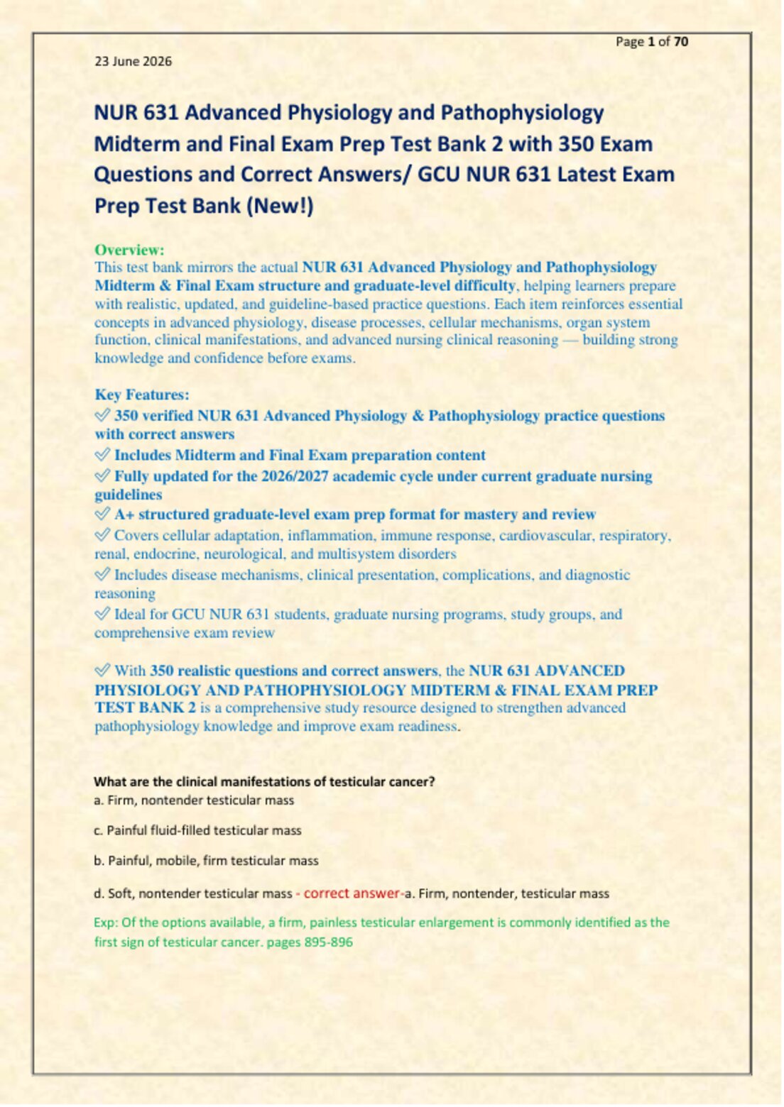 NUR 631 Advanced Physiology and Pathophysiology   Midterm and Final Exam Prep Test Bank 2 with 350 Exam   Questions and Correct Answers/ GCU NUR 631 Latest Exam  Prep Test Bank (New!)