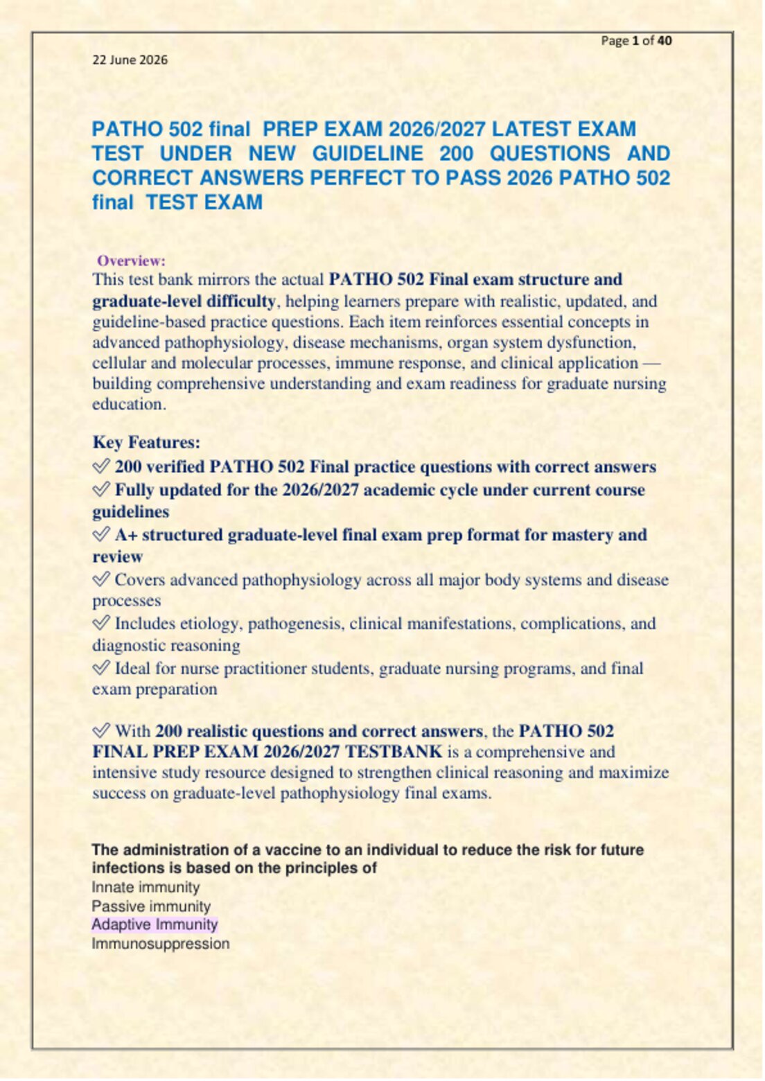 PATHO 502 final  PREP EXAM 2026/2027 LATEST EXAM   TEST UNDER NEW GUIDELINE 200 QUESTIONS AND  CORRECT ANSWERS PERFECT TO PASS 2026 PATHO 502  final  TEST EXAM preview