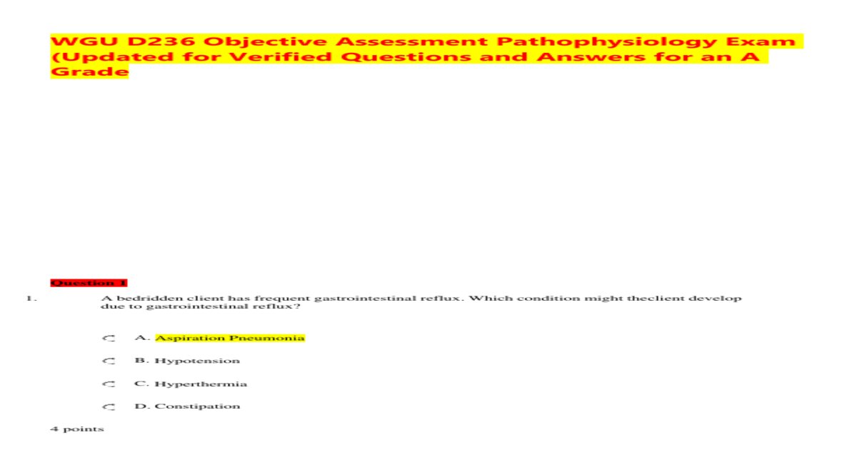Wgu d236 objective assessment pathophysiology exam updated for verified questions and answers for an a grade