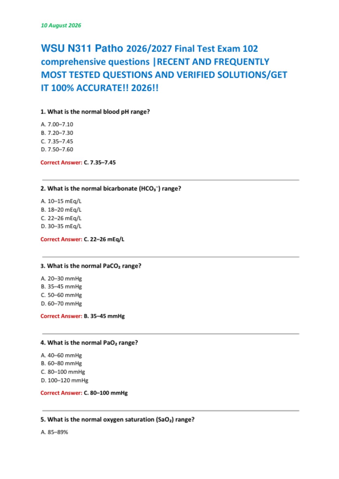 WSU N311 Patho 2026/2027 Final Test Exam 102  comprehensive questions |RECENT AND FREQUENTLY  MOST TESTED QUESTIONS AND VERIFIED SOLUTIONS/GET  IT 100% ACCURATE!! 2026!!