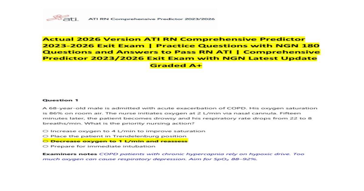 Verified ATI RN Comprehensive Predictor Exit Exam 2023-2026 with NGN 180 Questions and Answers