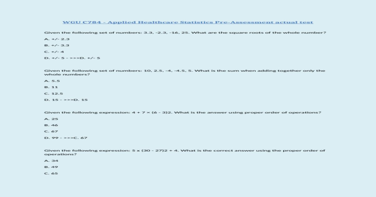 WGU C784 - Applied Healthcare Statistics Pre-Assessment actual test