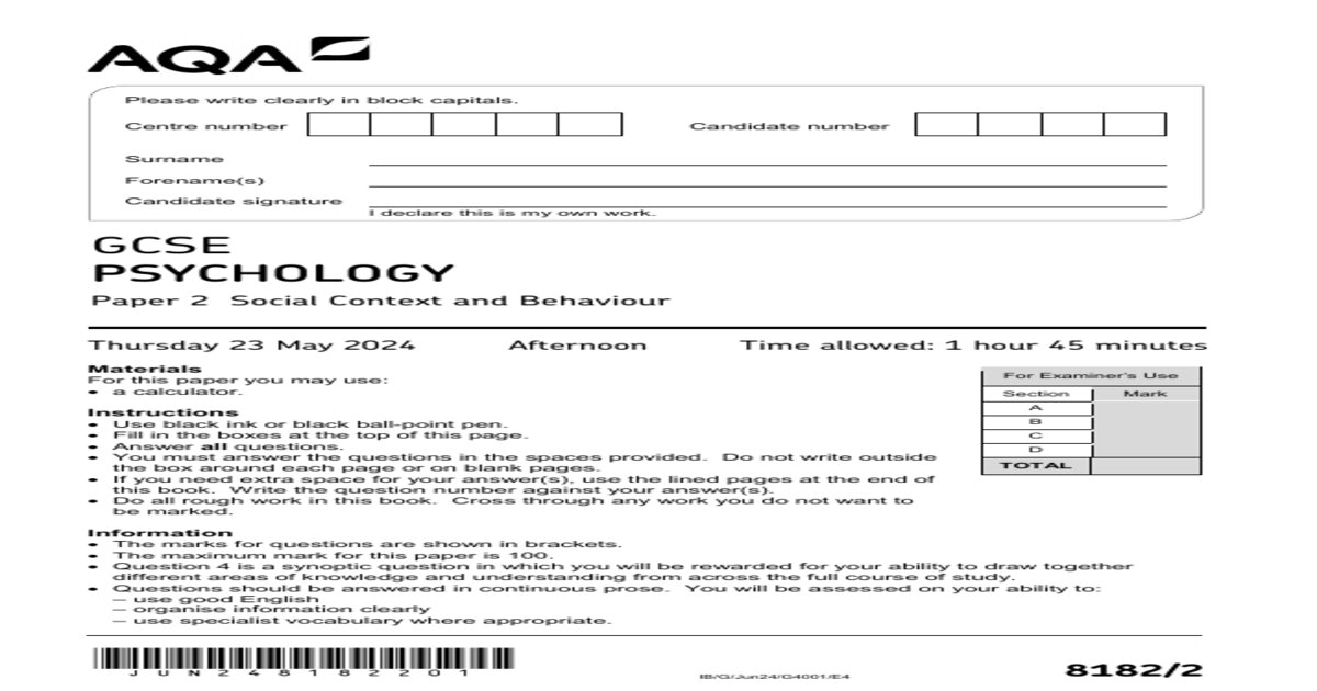 AQA GCSE Psychology Paper 2 Social Context and Behaviour 8182-2 (2)