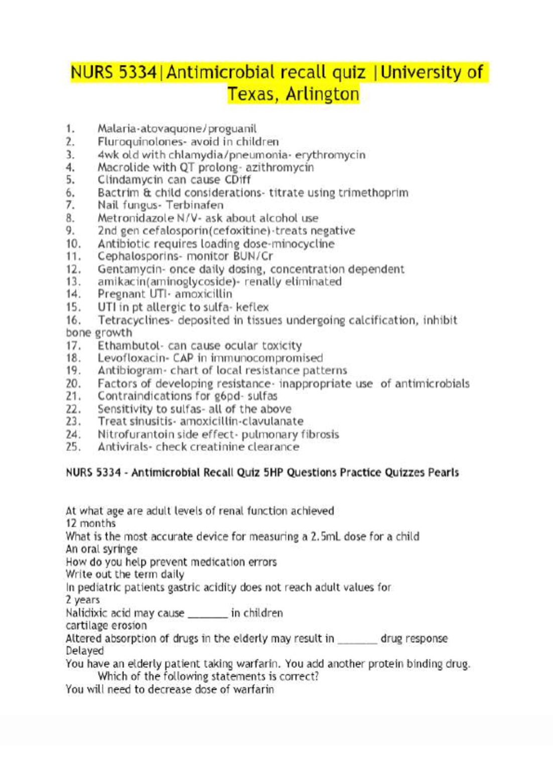 NURS 5334|Antimicrobial recall quiz |University of Texas, Arlington |With complete solution| Updated RATED A+ 2026 preview