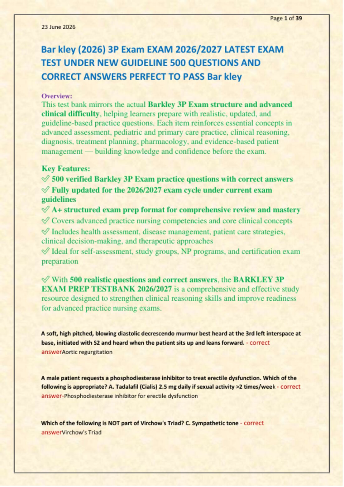 Bar kley (2026) 3P Exam EXAM 2026/2027 LATEST EXAM   TEST UNDER NEW GUIDELINE 500 QUESTIONS AND  CORRECT ANSWERS PERFECT TO PASS Bar kley