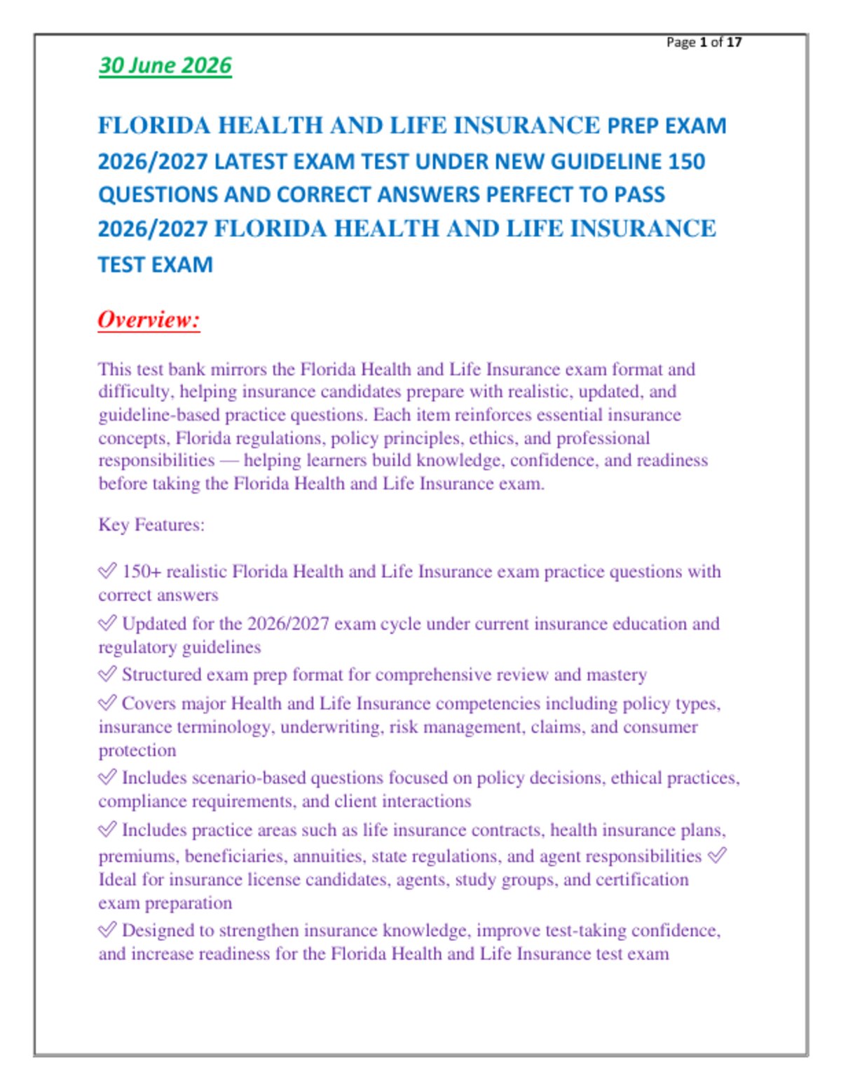 FLORIDA HEALTH AND LIFE INSURANCE PREP EXAM   2026/2027 LATEST EXAM TEST UNDER NEW GUIDELINE 150  QUESTIONS AND CORRECT ANSWERS PERFECT TO PASS   2026/2027 FLORIDA HEALTH AND LIFE INSURANCE   TEST EXAM
