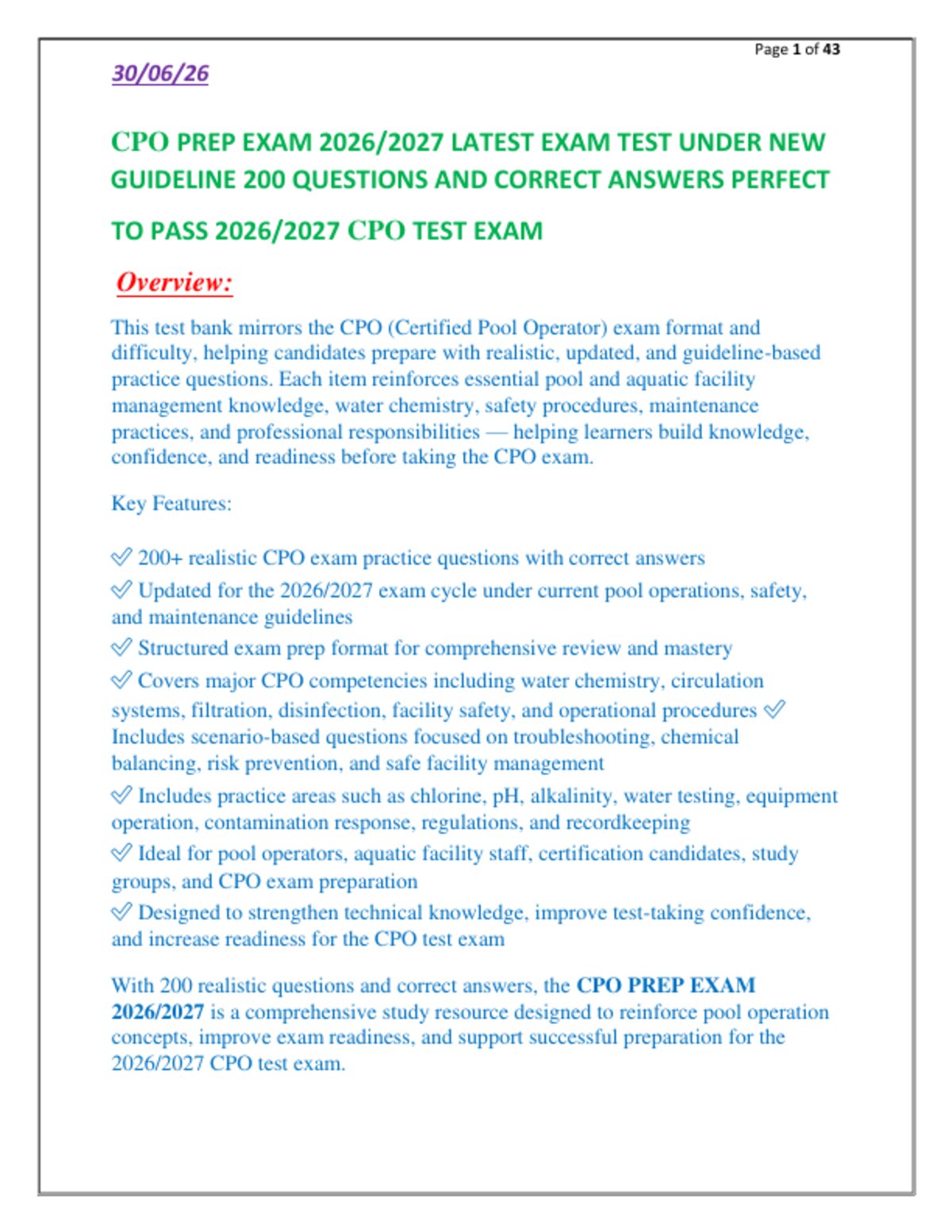CPO PREP EXAM 2026/2027 LATEST EXAM TEST UNDER NEW   GUIDELINE 200 QUESTIONS AND CORRECT ANSWERS PERFECT  TO PASS 2026/2027 CPO TEST EXAM