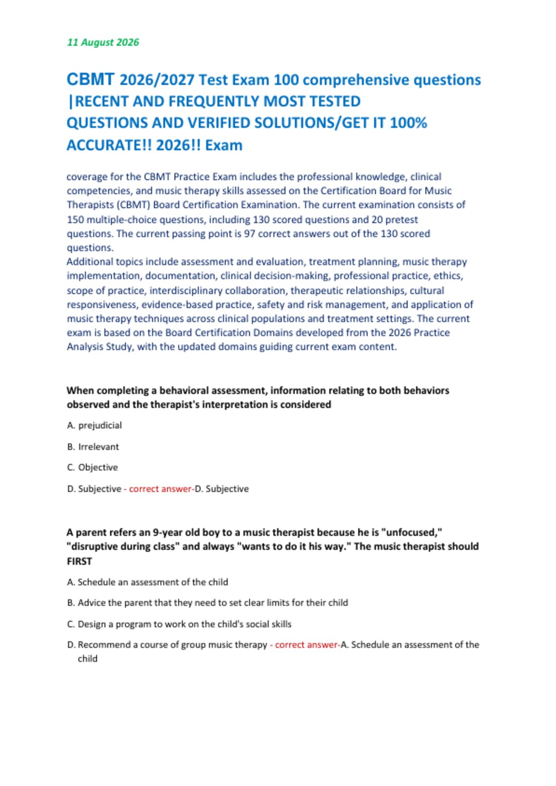 CBMT 2026/2027 Test Exam 100 comprehensive questions  |RECENT AND FREQUENTLY MOST TESTED   QUESTIONS AND VERIFIED SOLUTIONS/GET IT 100%   ACCURATE!! 2026!! Exam