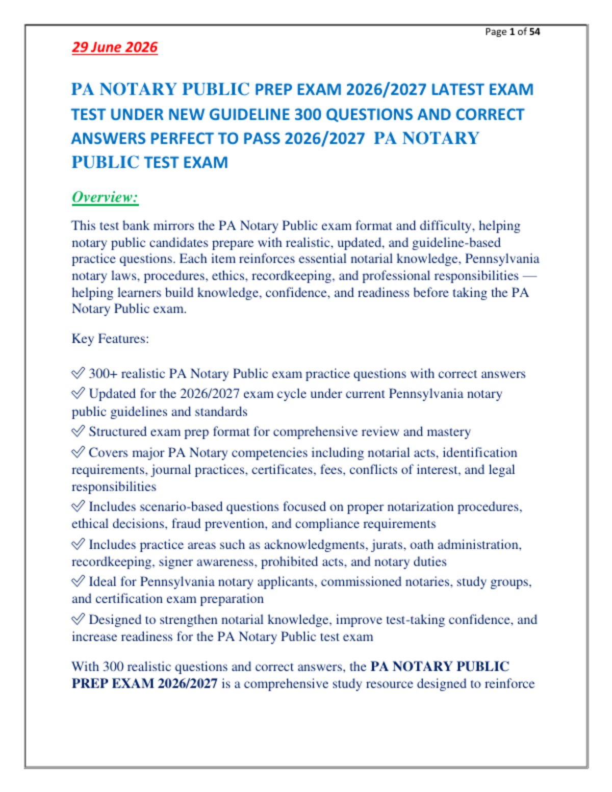 PA NOTARY PUBLIC PREP EXAM 2026/2027 LATEST EXAM   TEST UNDER NEW GUIDELINE 300 QUESTIONS AND CORRECT   ANSWERS PERFECT TO PASS 2026/2027  PA NOTARY  PUBLIC TEST EXAM