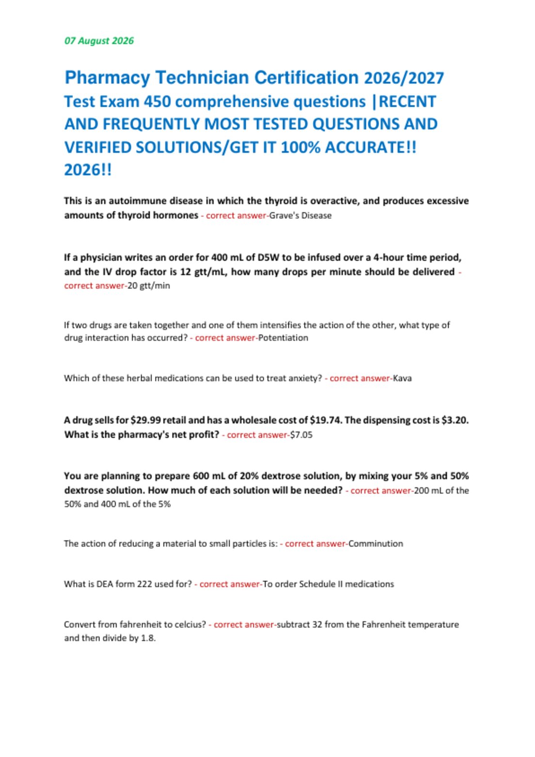 Pharmacy Technician Certification 2026/2027   Test Exam 450 comprehensive questions |RECENT  AND FREQUENTLY MOST TESTED QUESTIONS AND  VERIFIED SOLUTIONS/GET IT 100% ACCURATE!!   2026!!