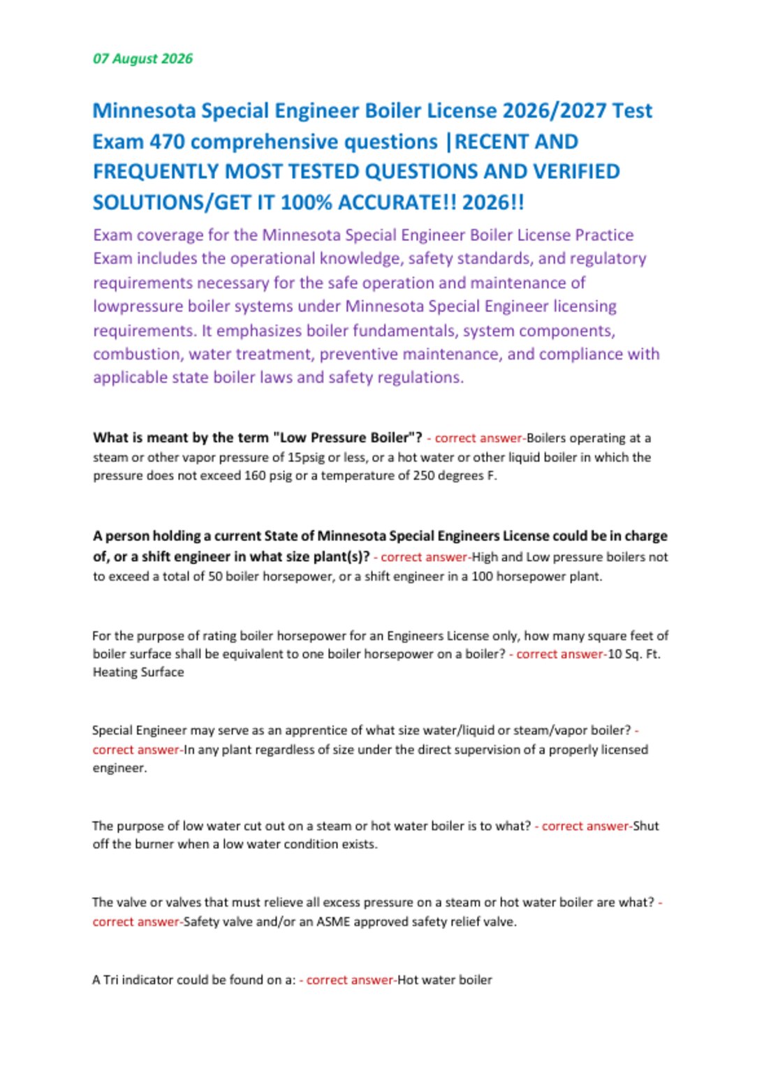 Minnesota Special Engineer Boiler License 2026/2027 Test   Exam 470 comprehensive questions |RECENT AND  FREQUENTLY MOST TESTED QUESTIONS AND VERIFIED  SOLUTIONS/GET IT 100% ACCURATE!! 2026!!
