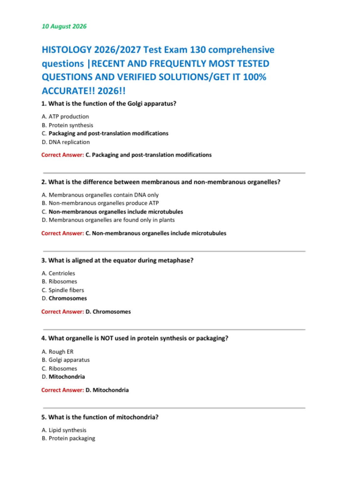 HISTOLOGY 2026/2027 Test Exam 130 comprehensive  questions |RECENT AND FREQUENTLY MOST TESTED  QUESTIONS AND VERIFIED SOLUTIONS/GET IT 100%  ACCURATE!! 2026!!