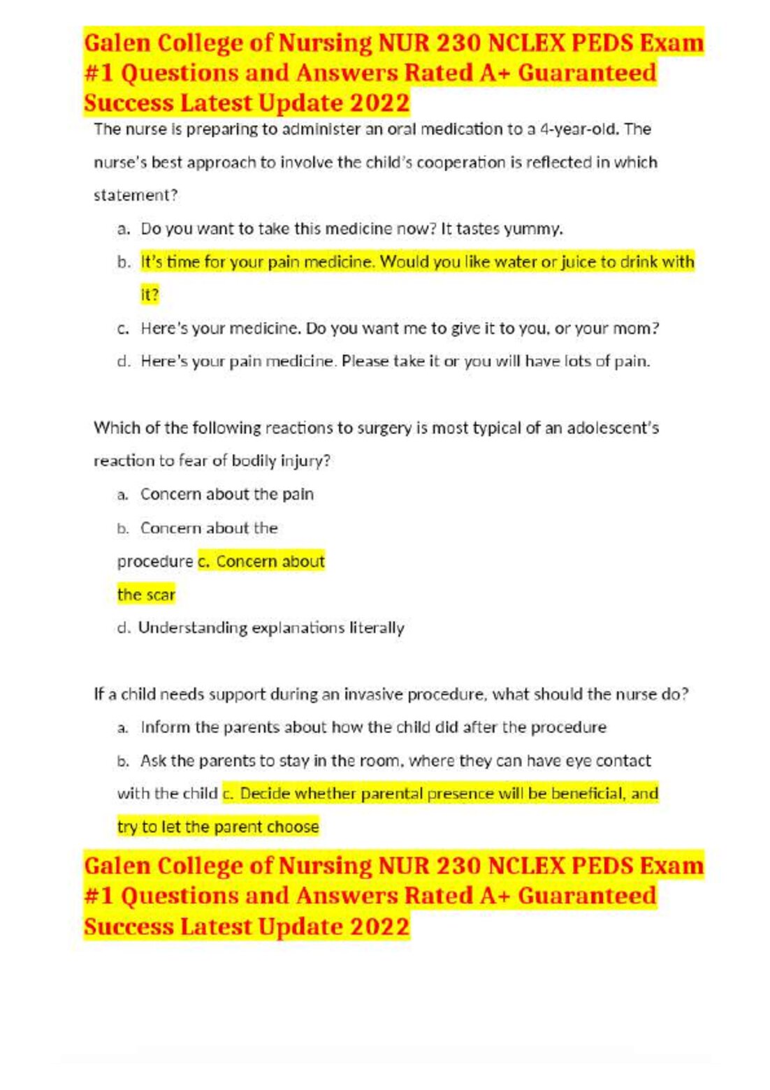 Galen College of Nursing NUR 230 NCLEX PEDS Exam #1 Questions and Answers Rated A+ Guaranteed Success Latest Update preview