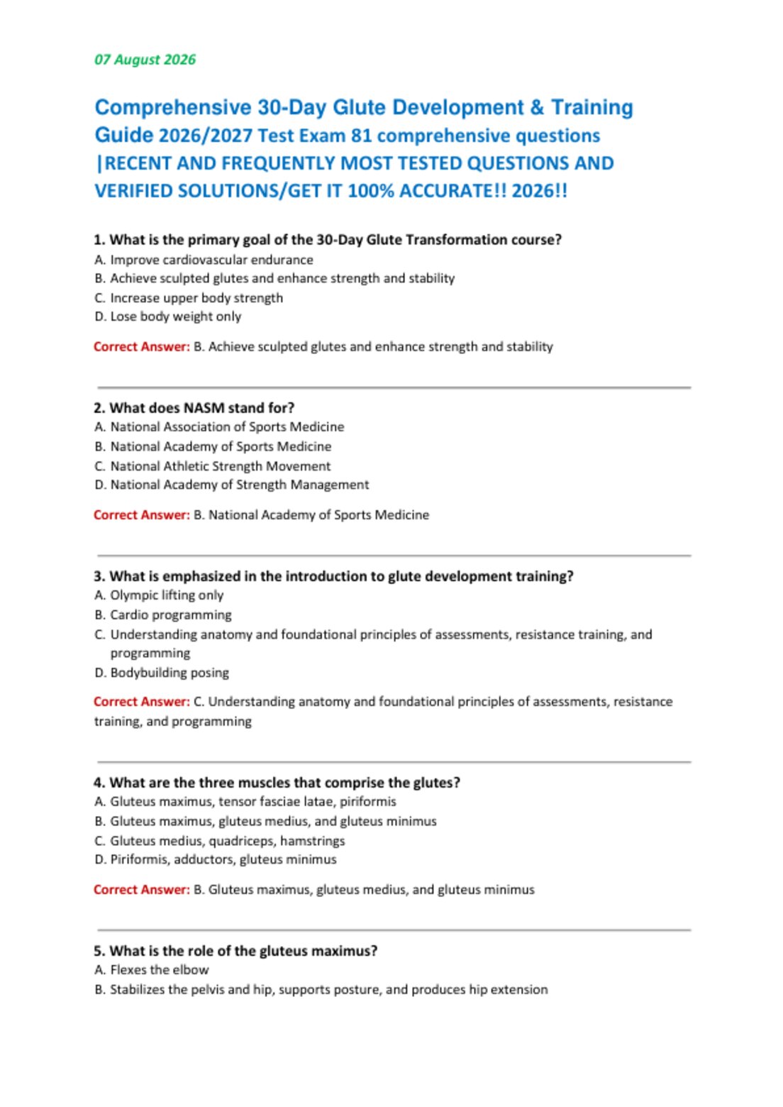 Comprehensive 30-Day Glute Development & Training   Guide 2026/2027 Test Exam 81 comprehensive questions  |RECENT AND FREQUENTLY MOST TESTED QUESTIONS AND  VERIFIED SOLUTIONS/GET IT 100% ACCURATE!! 2026!!