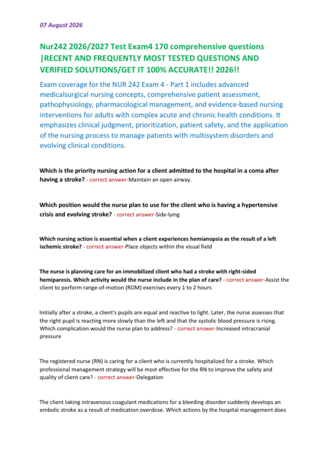 Nur242 2026/2027 Test Exam4 170 comprehensive questions  |RECENT AND FREQUENTLY MOST TESTED QUESTIONS AND  VERIFIED SOLUTIONS/GET IT 100% ACCURATE!! 2026!!