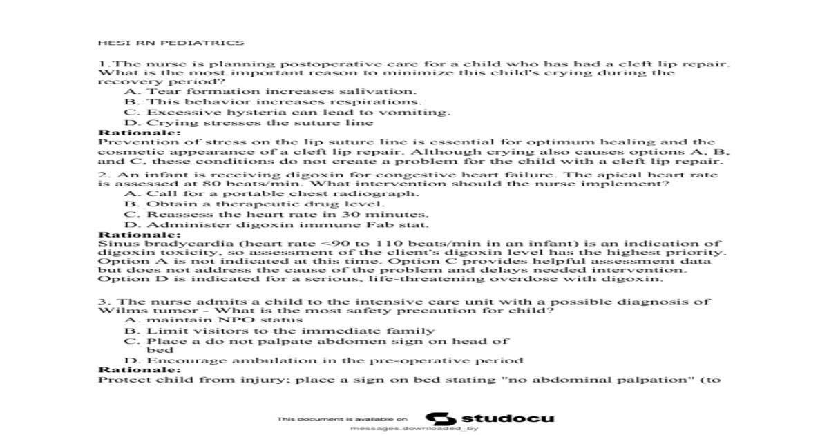 HESI RN PEDIATRICS , Questions and Answers with Rationale, Study Guide