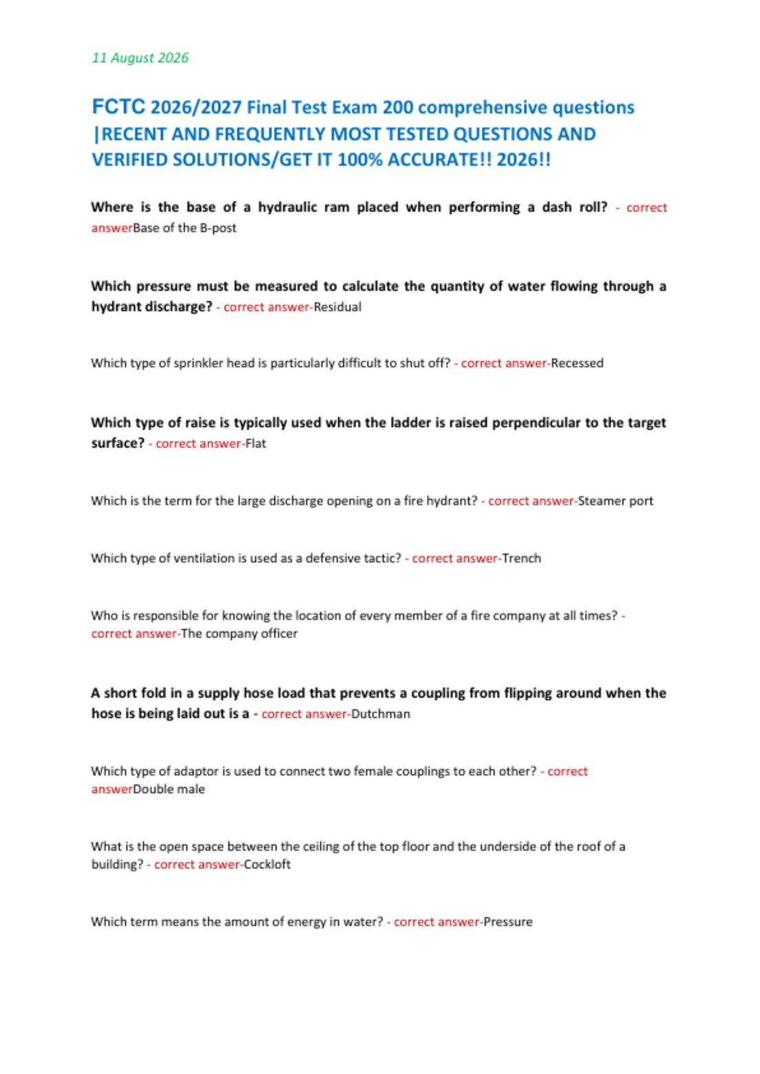FCTC 2026/2027 Final Test Exam 200 comprehensive questions  |RECENT AND FREQUENTLY MOST TESTED QUESTIONS AND  VERIFIED SOLUTIONS/GET IT 100% ACCURATE!! 2026!!