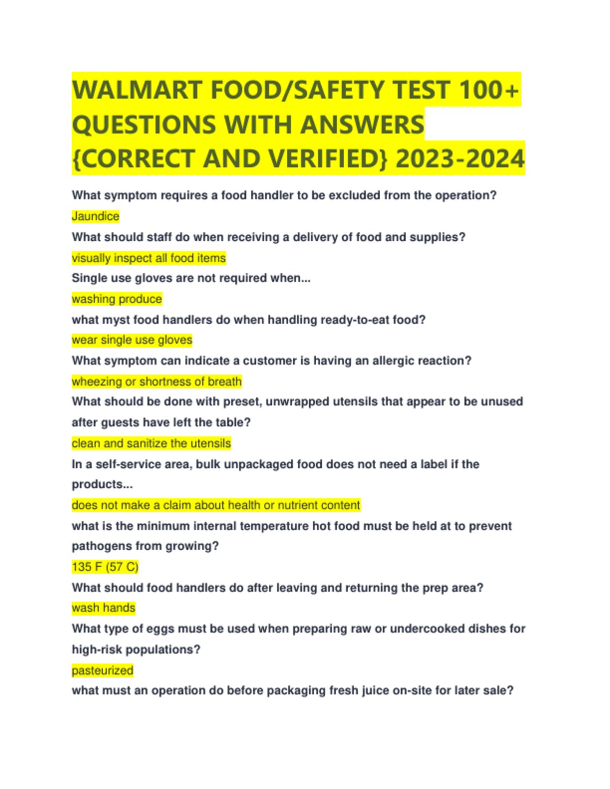 Walmart Food/Safety Test Questions With 100% Correct Answers!! preview