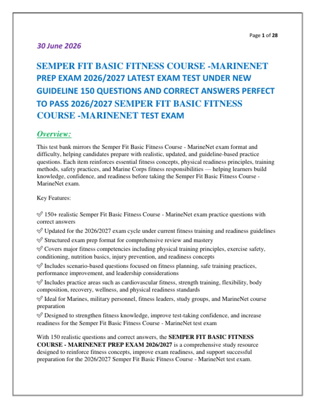 SEMPER FIT BASIC FITNESS COURSE -MARINENET    PREP EXAM 2026/2027 LATEST EXAM TEST UNDER NEW   GUIDELINE 150 QUESTIONS AND CORRECT ANSWERS PERFECT   TO PASS 2026/2027 SEMPER FIT BASIC FITNESS  COURSE -MARINENET TEST EXAM