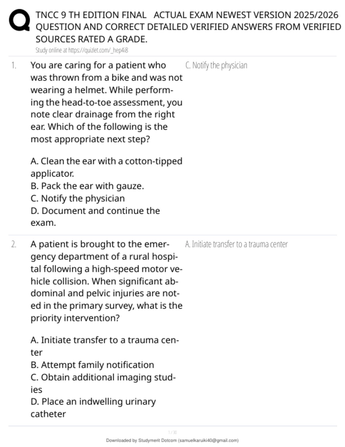 TNCC 9 TH EDITION FINAL   ACTUAL EXAM NEWEST VERSION 2025/2026  QUESTION AND CORRECT DETAILED VERIFIED ANSWERS FROM VERIFIED  SOURCES RATED A GRADE