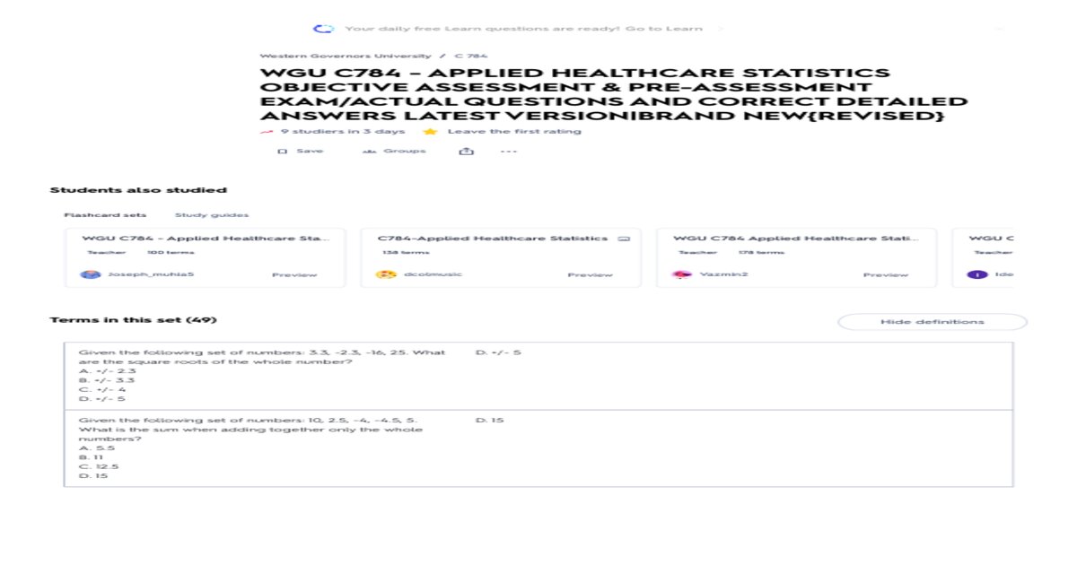 WGU C784 Applied Healthcare Statistics Final Exam 2025/2026 | Graduate Nursing & Healthcare Analytics Resource