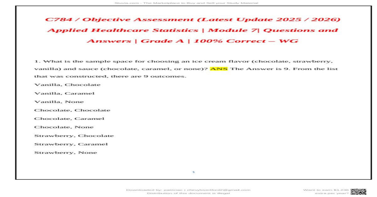 WGU C784 APPLIED HEALTHCARE STATISTICS OBJECTIVE ASSESSMENT 2026/2027 Complete Questions and Answer