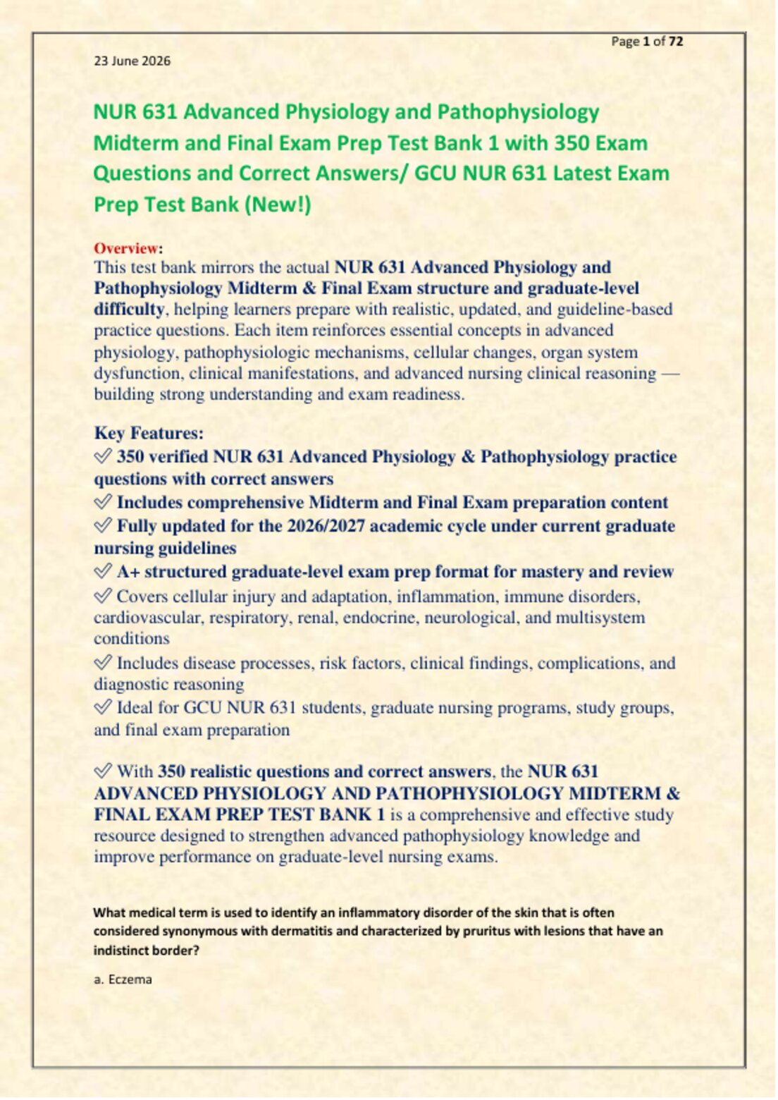 NUR 631 Advanced Physiology and Pathophysiology   Midterm and Final Exam Prep Test Bank 1 with 350 Exam   Questions and Correct Answers/ GCU NUR 631 Latest Exam  Prep Test Bank (New!)