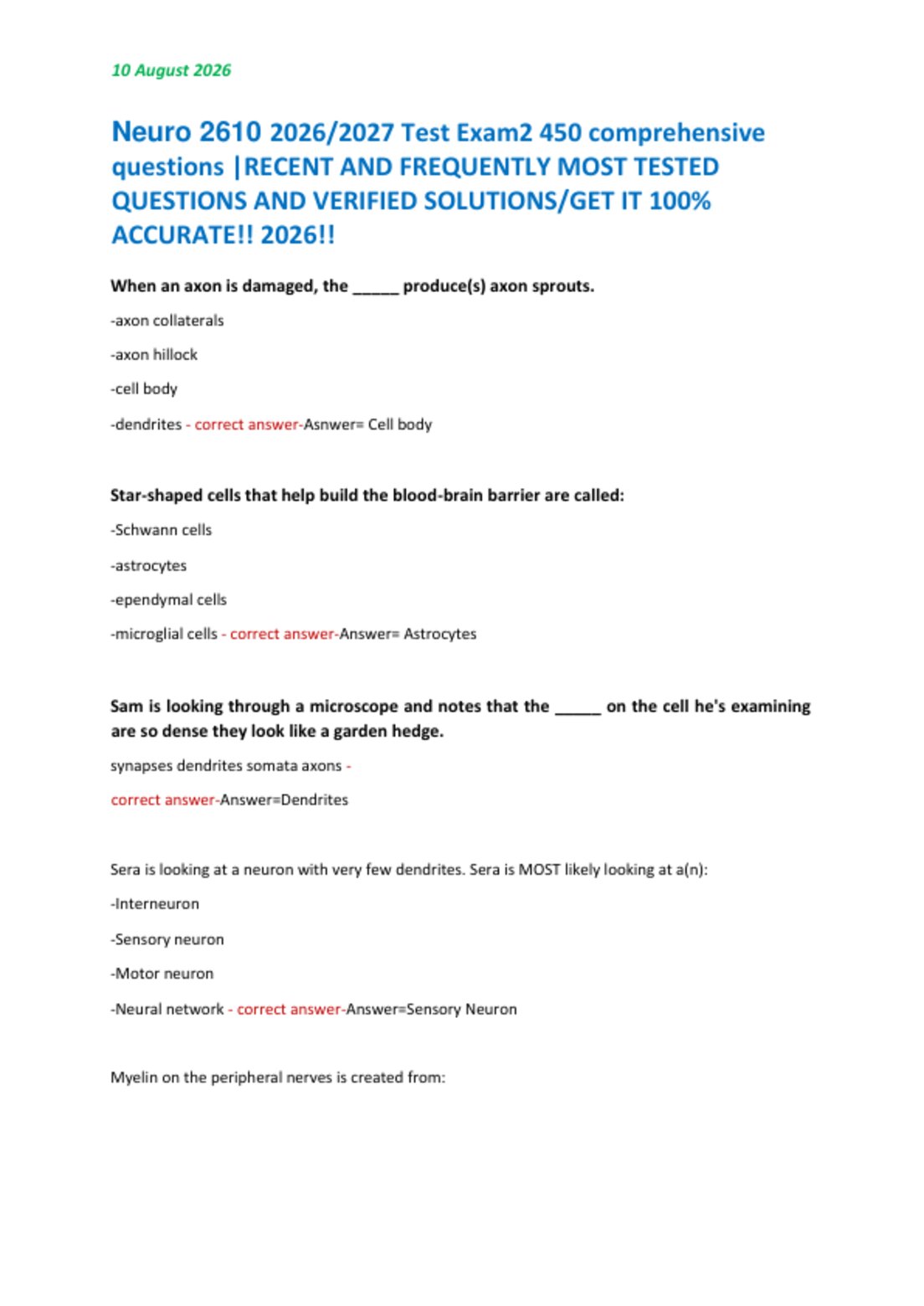 Neuro 2610 2026/2027 Test Exam2 450 comprehensive  questions |RECENT AND FREQUENTLY MOST TESTED  QUESTIONS AND VERIFIED SOLUTIONS/GET IT 100%  ACCURATE!! 2026!!