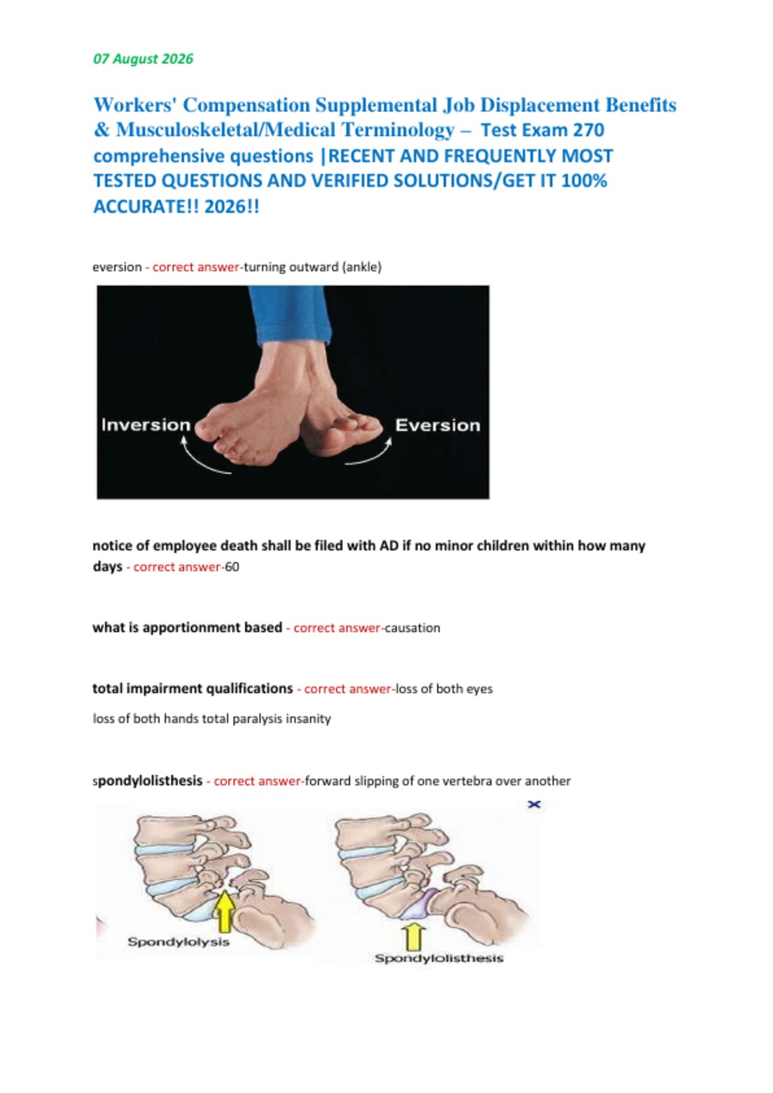 Workers' Compensation Supplemental Job Displacement Benefits  & Musculoskeletal/Medical Terminology –  Test Exam 270  comprehensive questions |RECENT AND FREQUENTLY MOST  TESTED QUESTIONS AND VERIFIED SOLUTIONS/GET IT 100%  ACCURATE!! 2026!!