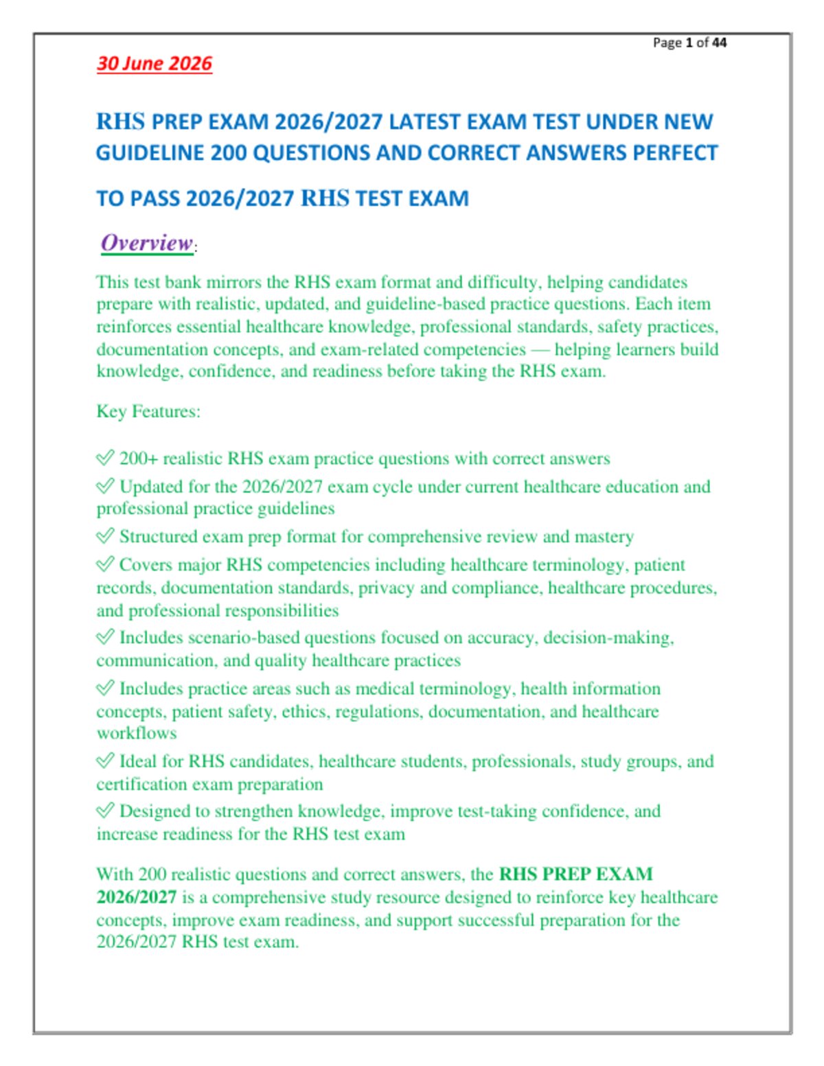 RHS PREP EXAM 2026/2027 LATEST EXAM TEST UNDER NEW   GUIDELINE 200 QUESTIONS AND CORRECT ANSWERS PERFECT  TO PASS 2026/2027 RHS TEST EXAM