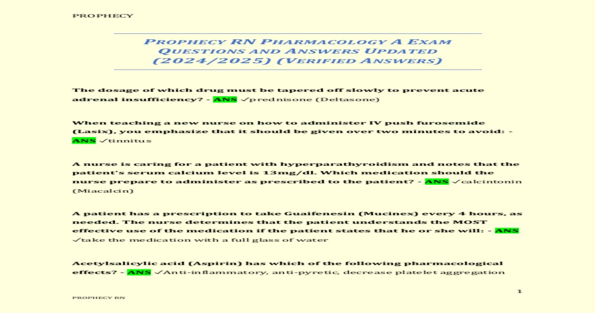 Prophecy rn pharmacology a exam questions and answers updated