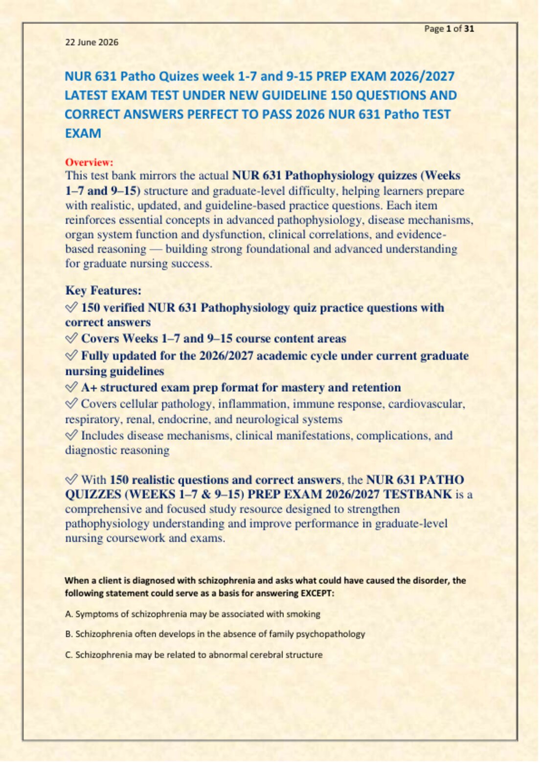 NUR 631 Patho Quizes week 1-7 and 9-15 PREP EXAM 2026/2027   LATEST EXAM TEST UNDER NEW GUIDELINE 150 QUESTIONS AND   CORRECT ANSWERS PERFECT TO PASS 2026 NUR 631 Patho TEST  EXAM preview