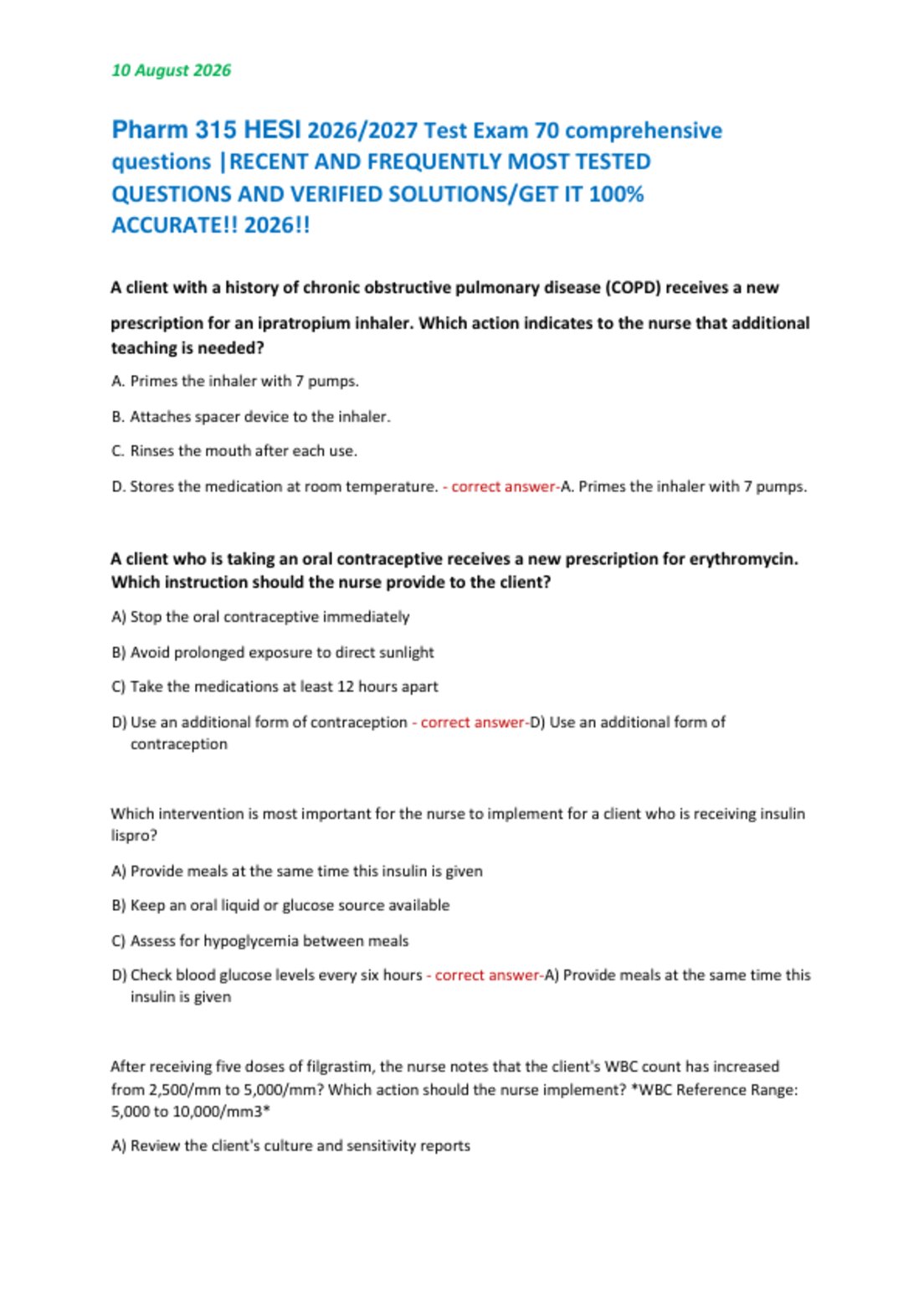 Pharm 315 HESI 2026/2027 Test Exam 70 comprehensive  questions |RECENT AND FREQUENTLY MOST TESTED  QUESTIONS AND VERIFIED SOLUTIONS/GET IT 100%  ACCURATE!! 2026!!