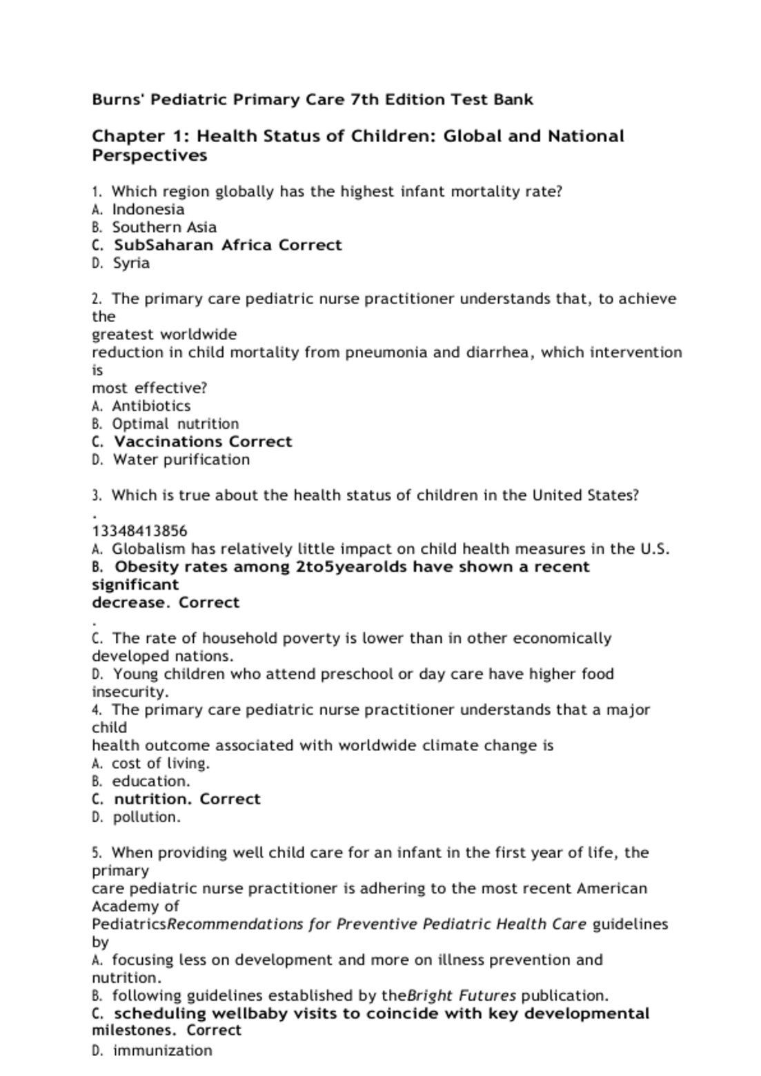 Burns' Pediatric Primary Care 7th Edition Test Bank