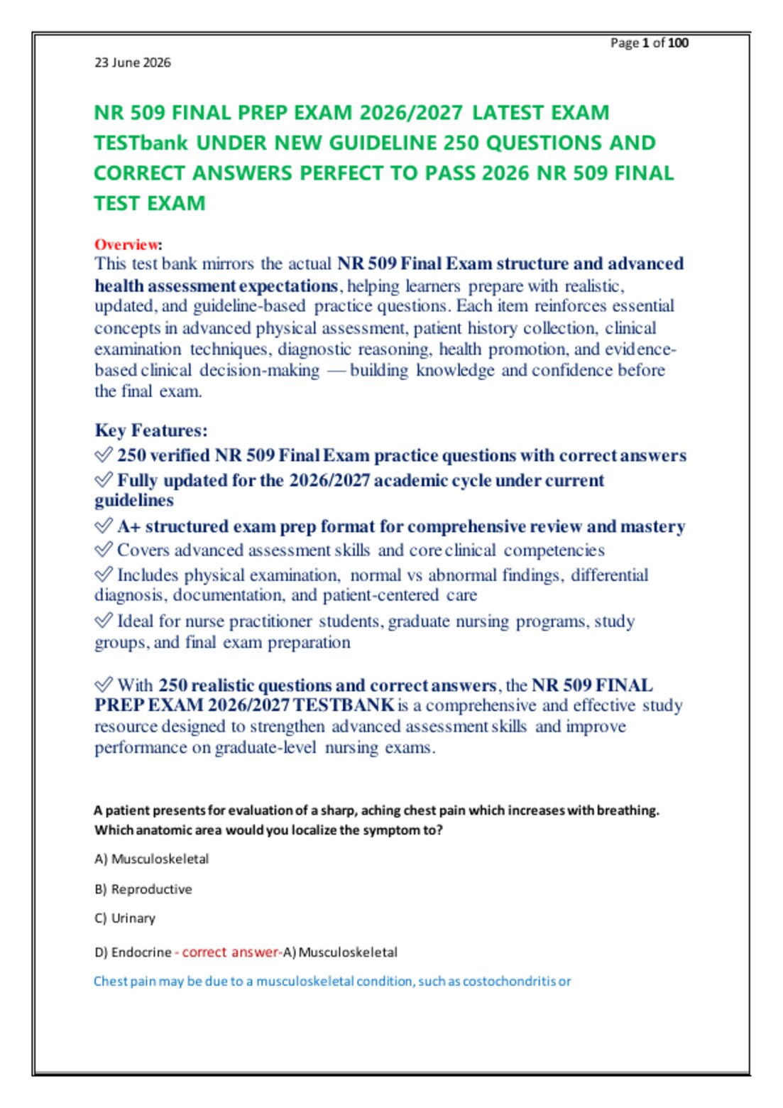 NR 509 FINAL PREP EXAM 2026/2027 LATEST EXAM   TESTbank UNDER NEW GUIDELINE 250 QUESTIONS AND   CORRECT ANSWERS PERFECT TO PASS 2026 NR 509 FINAL   TEST EXAM