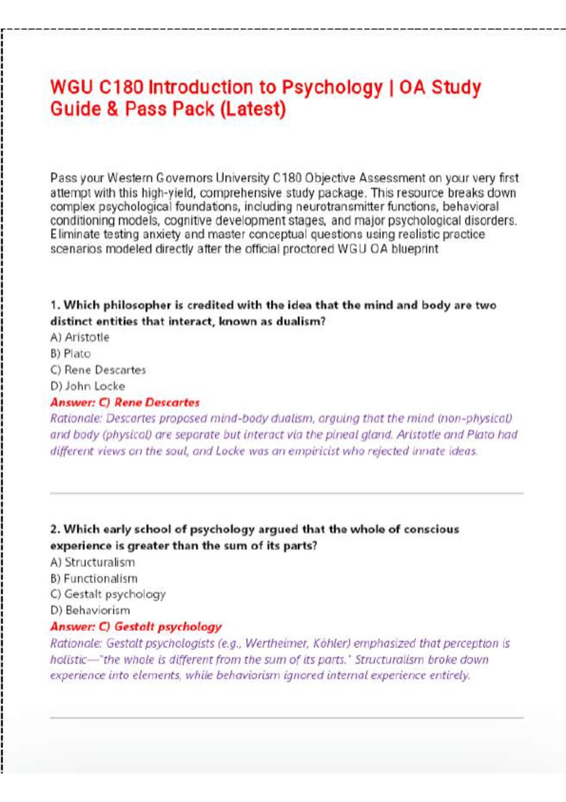 WGU C180 Introduction to Psychology | OA Study Guide & Pass Pack (Latest 2026