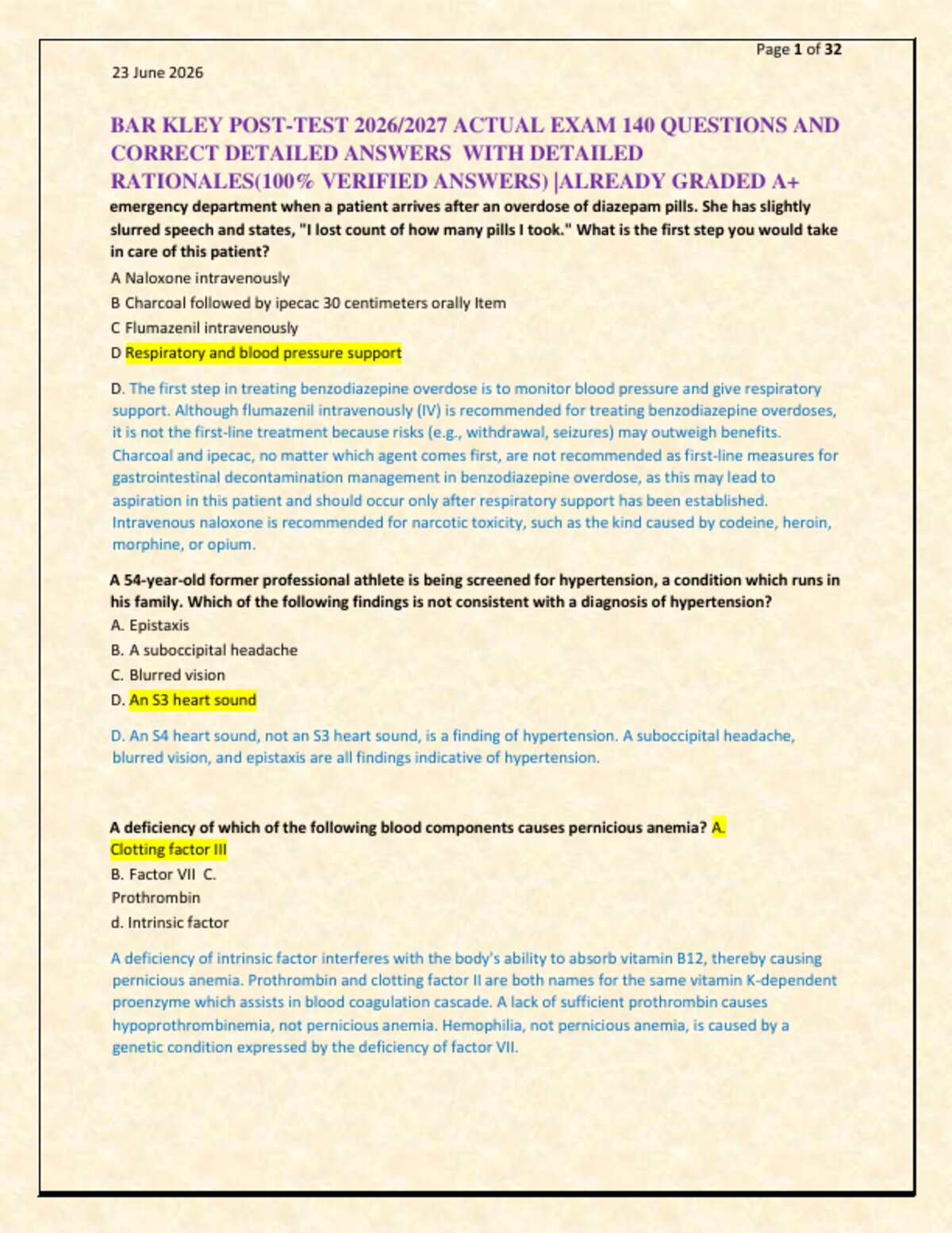 BAR KLEY POST-TEST 2026/2027 ACTUAL EXAM 140 QUESTIONS AND   CORRECT DETAILED ANSWERS  WITH DETAILED   RATIONALES(100% VERIFIED ANSWERS) |ALREADY GRADED A+