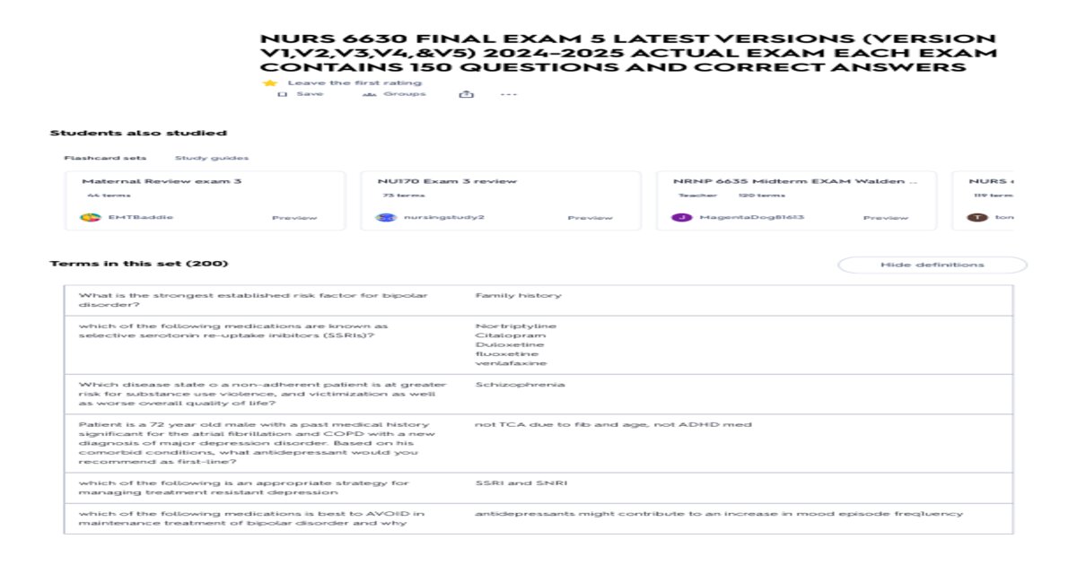 NURS 6630 FINAL EXAM 5 LATEST VERSIONS (VERSION V1,V2,V3,V4,&V5) 2024-2025 ACTUAL EXAM EACH EXAM CONTAINS 150 QUESTIONS AND CORRECT ANSWERS