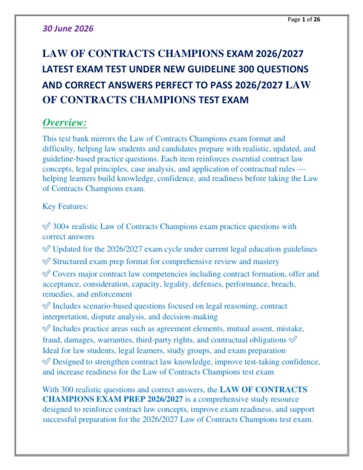 LAW OF CONTRACTS CHAMPIONS EXAM 2026/2027   LATEST EXAM TEST UNDER NEW GUIDELINE 300 QUESTIONS   AND CORRECT ANSWERS PERFECT TO PASS 2026/2027 LAW  OF CONTRACTS CHAMPIONS TEST EXAM