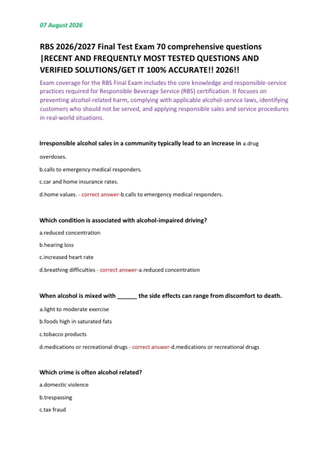 RBS 2026/2027 Final Test Exam 70 comprehensive questions  |RECENT AND FREQUENTLY MOST TESTED QUESTIONS AND  VERIFIED SOLUTIONS/GET IT 100% ACCURATE!! 2026!!