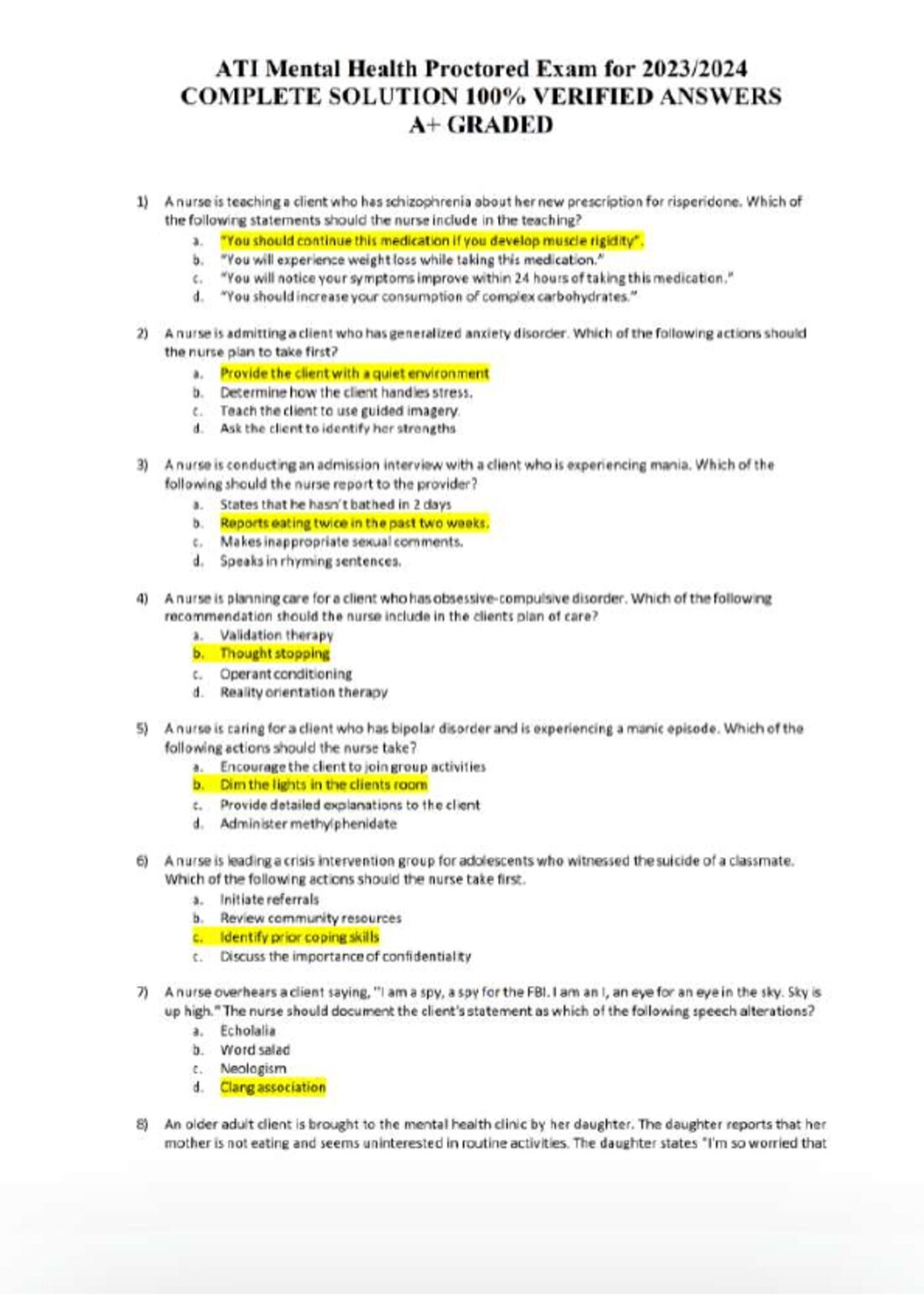 ATI MENTAL HEALTH PROCTORED EXAM NEWEST VERSION 2025 WITH COMPLETE SOLUTION 100% VERIFIE, Exams of Nursing