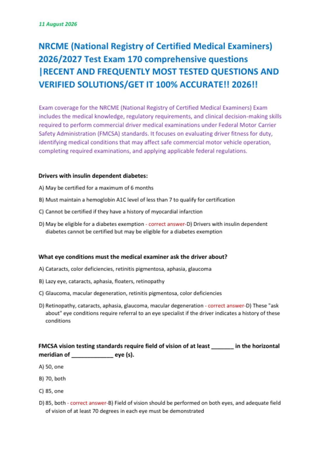 NRCME (National Registry of Certified Medical Examiners)   2026/2027 Test Exam 170 comprehensive questions   |RECENT AND FREQUENTLY MOST TESTED QUESTIONS AND  VERIFIED SOLUTIONS/GET IT 100% ACCURATE!! 2026!!