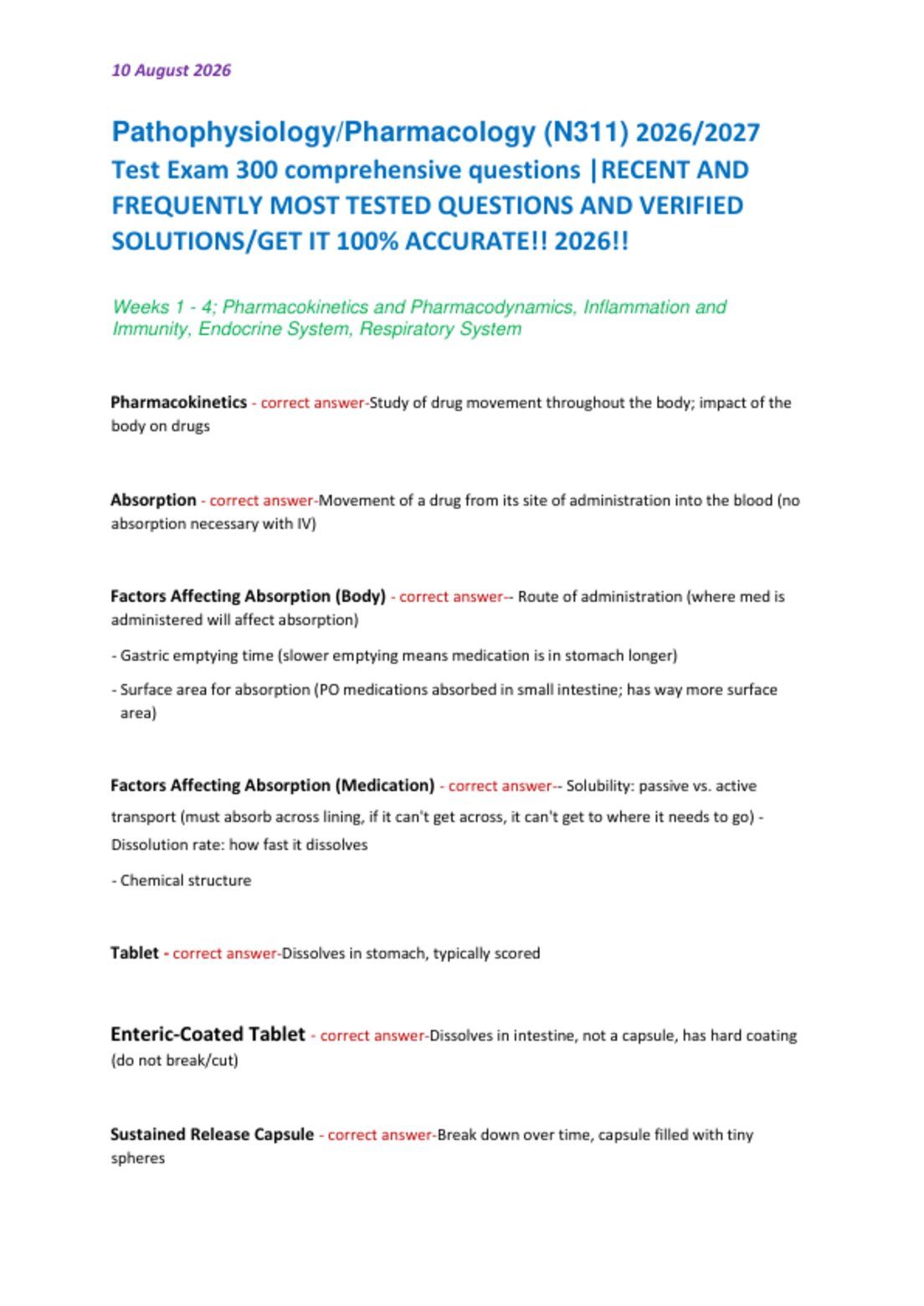 Pathophysiology/Pharmacology (N311) 2026/2027   Test Exam 300 comprehensive questions |RECENT AND  FREQUENTLY MOST TESTED QUESTIONS AND VERIFIED  SOLUTIONS/GET IT 100% ACCURATE!! 2026!!