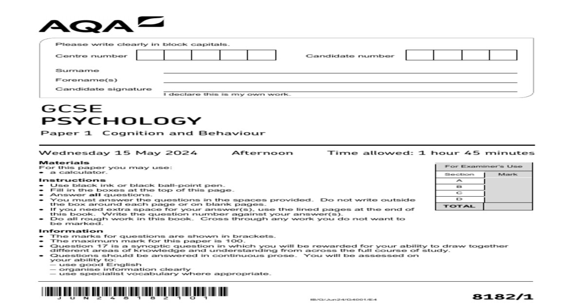 AQA GCSE Psychology Paper 1 Cognition and Behaviour 8182-1Exams Questions with Complete Solutions (2).