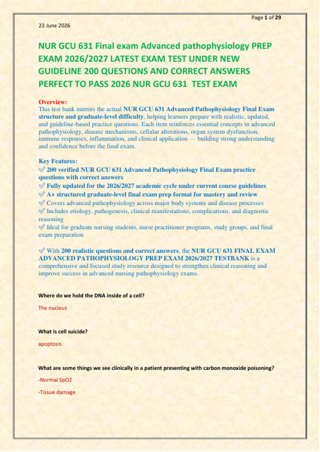 NUR GCU 631 Final exam Advanced pathophysiology PREP   EXAM 2026/2027 LATEST EXAM TEST UNDER NEW   GUIDELINE 200 QUESTIONS AND CORRECT ANSWERS  PERFECT TO PASS 2026 NUR GCU 631  TEST EXAM