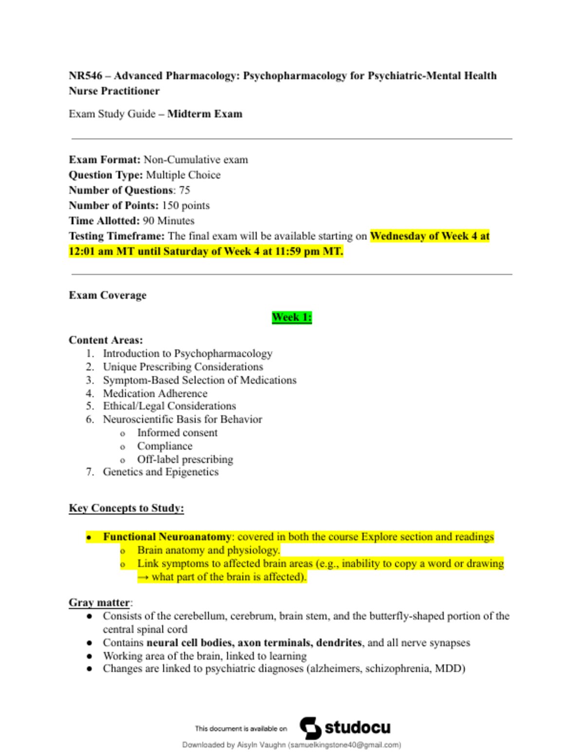 NR 546 Advanced Pharmacology Psychopharmacology Midterm Exam Review preview